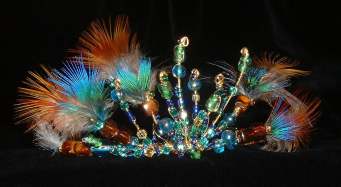 Feather & bead decoration in shades of blues & copper